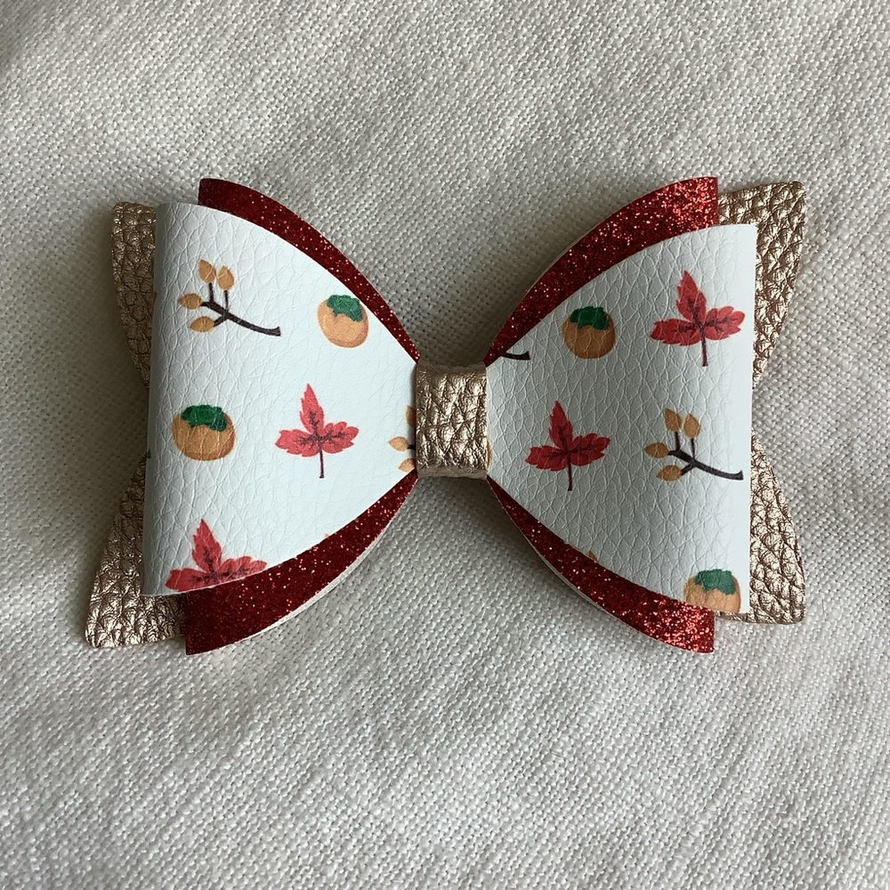 Fall leaves faux leather hair bow soft gold red glitter toddler thanksgiving